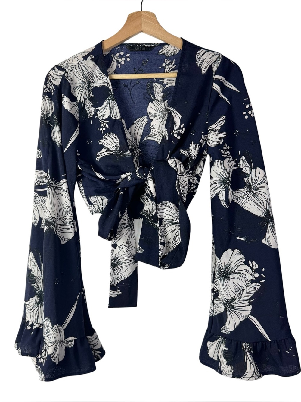 Shein Navy Blue & White Floral Flare Bell Sleeve Tie Front Crop Long Sleeve Top
